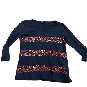 Talbots Navy Blouse Pink Red Heart Sequins Size Small Petite Long sleeve Love